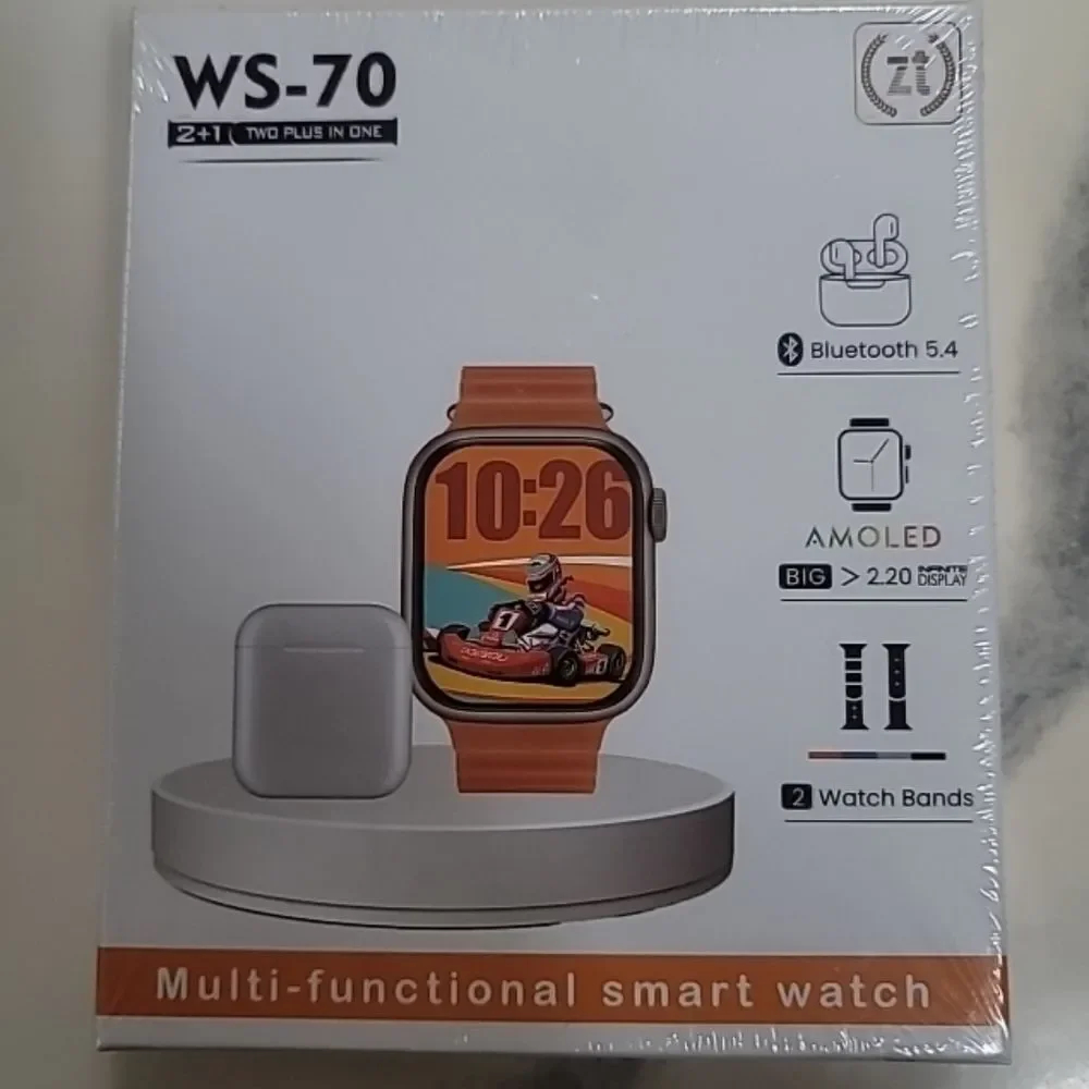 WS-70 Orange Smart Watch With Earbuds And 2 Bands.